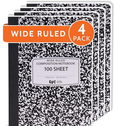 4 Pack - EPI Marble Hardcover Wide Ruled Composition Notebook | 200 Pages (100 Sheets), 9.75 x 7.5 in, Sturdy Sewn Binding | School, Office, Journaling, Notes