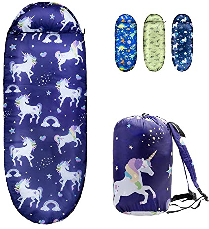 Kids Sleeping Bags for Girls – Unicorn Rainbow Star – Rioyalo YOLO 45 Camping Sleeping Bags for Kids with Carry Bag - Outdoor and Indoor (Unicorn-PL)