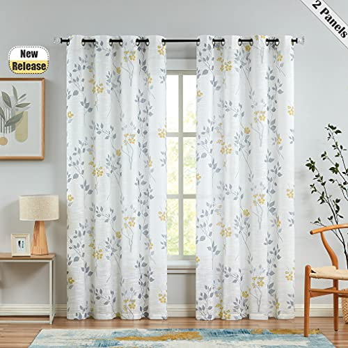 Beauoop Yellow Grey Semi Sheer Floral Curtains for Living Room 90 Drop Linen Textured Farmhouse Curtains for Bedroom Leaf Printed Eyelet Rustic Drapes Window Treatment Set 2 Panels