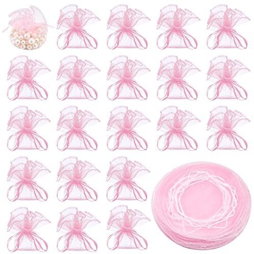 NBEADS 100 Stück Organza Taschen, Durchmesser 26 cm Runde Kordelzug Organzabeutel Schmuck Geschenkbeutel Mit Pailletten Für Geburtstag Hochzeit Party Taufe, Rosa