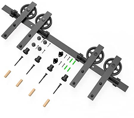 Schiebetürbeschlag Doppeltür 244cm Schiebetüren Schiebetürsystem Komplettset Laufschiene Rollen Set Schwarz für 2 Holztür 61cm Breit, Mittlere Rolle in I-Form