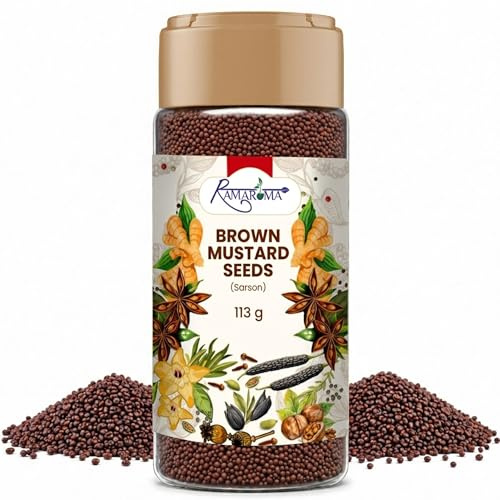 Ramaroma Brown Mustard Seed Whole – Gourmet Indian Spice – Hot & Spicy Flavor – Easy to Store – 4 oz (113g). Medium Dual Sifter Bottle