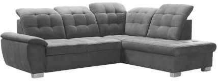 DomiMeble Ecksofa Lotta 258 x 212 x 108 cm - modernes Sofa, bequem mit hochelastischem Schaumstoff, mit Bettkasten, mit Schlaffunktion, angenehm anzufassendes Veloursmaterial (rechte Seite, Grau)