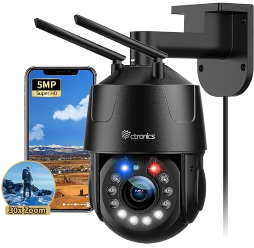 Ctronics 5MP 30X Optical Zoom Metal CCTV Security Camera WiFi Outdoor 2.4/5Ghz, 360°View Surveillance Cameras with Auto Cruise & Zoom, 150m Color Night Vision,Human Detection,IP66 (Black)
