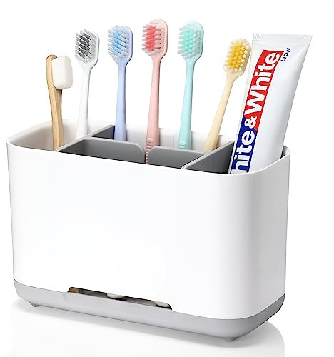 Zahnbürstenhalter, Elektrische Zahnbürste Organizer, Einstellbarer Kunststoff Zahnbürstenständer mit Rutschfestem Boden, 4 Zahnbürstenfächer+2 Aufbewahrungsschlitze