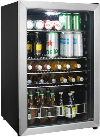 HCK Refrigerador de Bebidas Independiente de 115L con Puerta de Vidrio Doble, Temperatura Ajustable de 0-10℃, 4 Estantes Removibles para Cerveza y Bebidas