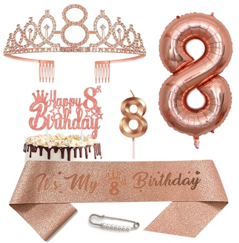 8. Geburtstags Krone Schärpe für Mädchen Kristall Queen Tiara Princess Crown 8 Jahre Geburtstag Tortendeko 8 Geburtstagskrone Geburtstagsschärpe Girls Geburtstagsgeschenk Helium Ballons Zahl 8