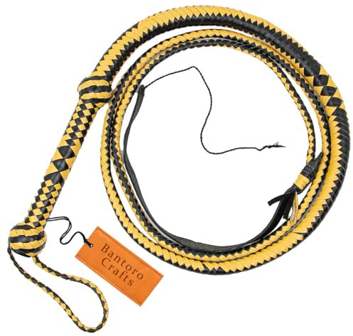Bantoro Crafts Fouet en Cuir véritable 4 Pieds (1.21 Mètres) de Longueur Noir et Jaune 12 Tresses Brins Cuir tressé Fouet craquant Fort Cravache d'équitation