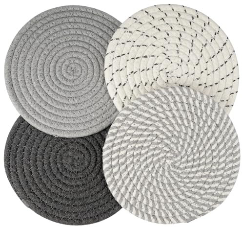 Set di 4 Sottopentola Cucina Di Cotone 18cm Sotto Pentola Da Cucina Resistente Al Calore, Poggiapentola Assorbimento Dell'Acqua, Sottopiatti Rotondi Eleganti per Cucina, Sala Da Pranzo, Grigio