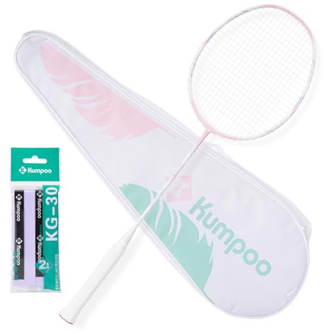 KUMPOO Badmintonracket professionell, 5U kolfiber badmintonracket lätt för utomhus, trädgård, trädgård, rosa badmintonracket med grepp och väska, YULING rosa