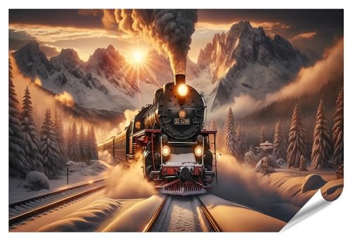 islandburner XXL Bild Poster Dampflok in Schneelandschaft bei Sonnenuntergang Premium Bilder Fotodruck
