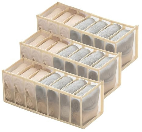 JCUGSBS 3 Pezzi Organizer Cassetti, Organizer Armadio Salvaspazio Organizzatore Armadio pieghevole per Biancheria Intima Calze, Fazzoletti e Cravatte, 7 Griglie (Beige)