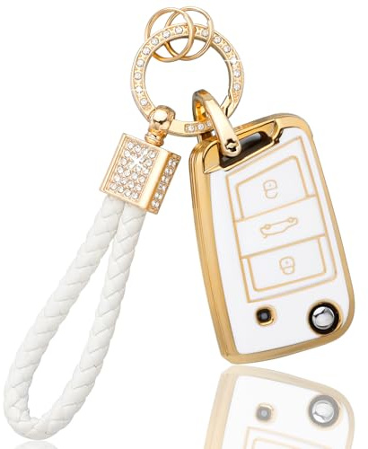 BLINGOOSE Autoschlüssel Hülle für VW Volkswagen Golf 7 MK7 Polo Tiguan Touran T ROC Cross Taigo Zubehör 3 Tasten Schlüsselhülle Schlüsselgehäuse Schutz Cover Bling Keychain Girly Weiß Gold TPU