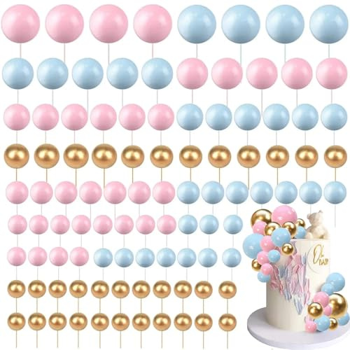 120 Stück Tortendeko Kugeln Cake Topper,BetterJonny Kuchen Dekoration Kugel DIY Mini Ballon Cupcake Einsatz Tortendeko Kugel für Hochzeit Babyparty Geburtstag Torte Dekorieren (Blau/Rosa/Gold)