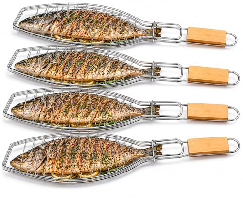 Bayli 4er Set Fischbräter 36x15 cm Fischgriller mit Holzgriff Fischkorb Grill Fischhalter Grillzange Fischgrillzange für Fisch Garnelen Gemüse BBQ Grillzubehör