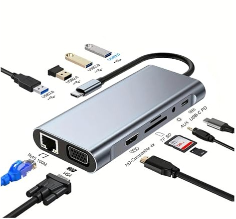 USB C bärbar dator dockningsstation 11-i-1 typ-C-hubb med HDMI, Ethernet, 4 USB, VGA, SD TF-kortläsare, ljud, PD kompatibel med iPhone16/MacBook/Dell/Surface/HP/Lenovo och andra typ C-bärbara datorer