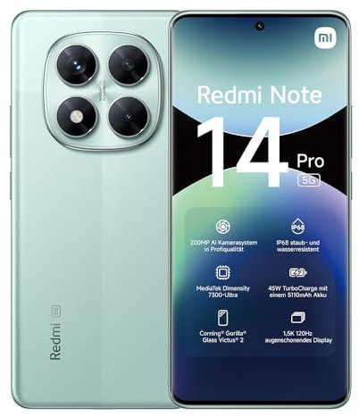 Xiaomi Smartphone Redmi Note 14 Pro 5G, 12+512GB, fotocamera AI da 200MP, IP68, ricarica turbo da 45W con batteria da 5110mAh, funzionalità AI (caricabatterie non incluso), Green