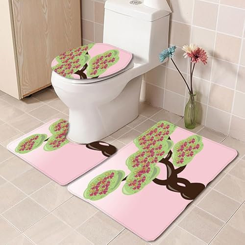 Bad Teppiche Set Rosa Abstrakter Baum Badezimmerteppich Waschbar WC Vorleger mit Ausschnitt und WC Deckelbezug 3 Teilig Badematte rutschfest Toilettensitzbezug Badgarnitur 45x75 cm