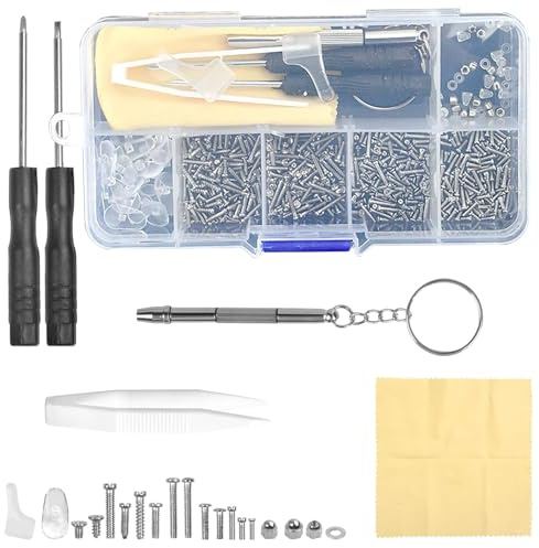 Juego de 500 herramientas de reparación de lentes – Tornillos para gafas, destornillador, almohadillas para la nariz, pinzas y paño de limpieza – Kit completo para mantenimiento de gafas y gafas de