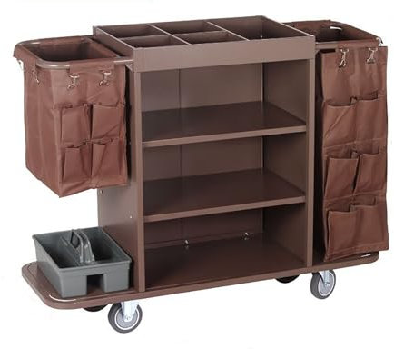 Janitorial Utility Cart - Multifunctional 3-Tier Cleaning Cart for Apartment Buildings, Business Centers, Hotels - Janitor Cleaning Push Cart,Brown