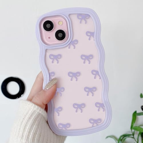 QLTYPRI Rosettfodral för iPhone 13/14, Klart Qulligt Telefonfodral med Rosett och Lockigt Vagigt, Mjukt TPU Fodral med Stötsäkert Skyddande Skalför Kvinnor Flickor - Lila