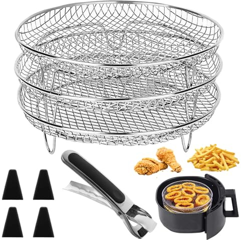 3 Pezzi Griglia per Friggitrice ad Aria, Rack per Friggitrice ad Aria in Acciaio Inossidabile, Rotondo Tre Rack Supporto per Griglia 20cm,per Forno, Microonde, Cottura e Arrosto