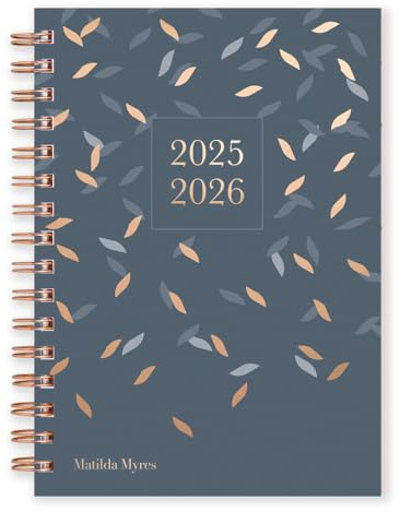 Jahreskalender 2025-2026, A5, Wochenansicht, akademischer Jahresplaner mit roségoldener Spiralbindung und festem Einband, Format Juli bis Juli, Grau