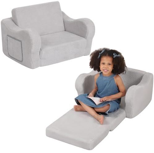 BestRoyal Comfy Toddler Chair, 2-IN-1 Toddler Couch Fold Out, Kids Sofa Bed for Boys & Girls, Grey