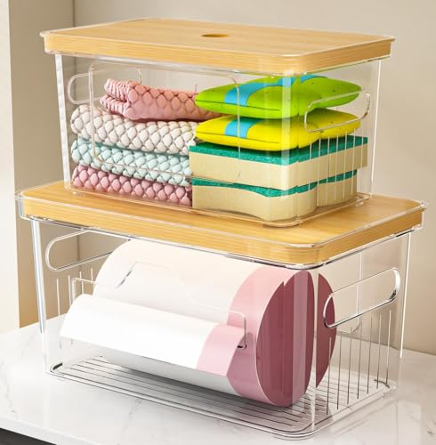 2 Pack Trash Bag Holder with Bamboo Lid, Stackable Garbage Bag Dispenser Under Sink, Storage Organizer for Kitchen, Laundry, Pantry