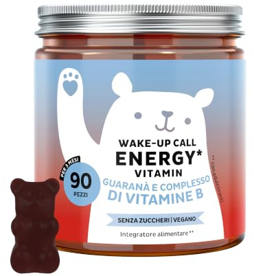 Bears with Benefits - Gominolas Guaraná Cafeína - Energía - 90 unidades | Wake Up Call Energy Vitamin - Guaraná, Vitaminas B6, B12, Biotina - Cura de 3 meses - Sin Azúcar, Vegano