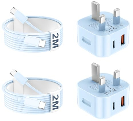USB C Charger for iPhone 17 16 15 Charger 20W Fast Charger USB C Plug and Cable, 2 Pack Type C UK Wall Phone Power Adapter USBC Lead for iPhone 17/16/15/Pro/Max/Air/Plus/iPad/Samsung S25 Ultra/S24/S23