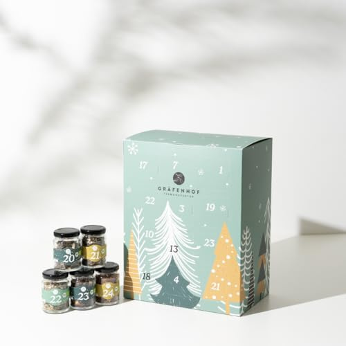 Bio Tee Adventskalender 2025 für 250 Tassen, Tee Kalender 2025 mit 24 Sorten Kräutertee & Früchtetee, Limitierter Adventskalender als Weihnachtskalender für Erwachsene von Gräfenhof
