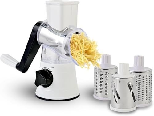Rotary Cheese Grater, Rotary Vegetable Slicer, Rotary Kitchen Mandoline Vegetable Slicer with 3 Replaceable Stainless Steel Blades (White)