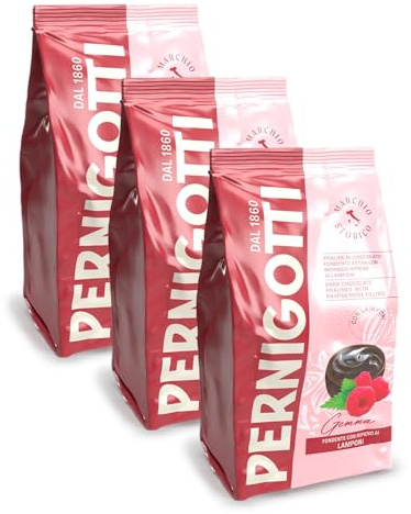 3X Pernigotti Busta Gemma Lamponi Praline di Cioccolato Fondente Extra con Morbido Ripieno ai Lamponi 140g