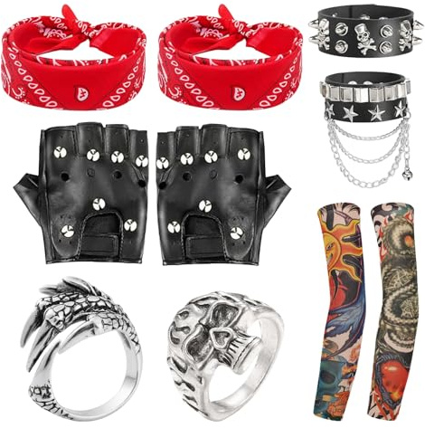 Fsahiuf 9 Stück Punker Kostüm Zubehör,Rockstar Punk Gothic Rocker Kit, mit Fake Tattoo Ärmel Bandana Armband Ringe Handschuhe für Frauen Männer Disco Festival Karneval Party der 70er 80er 90er Jahre