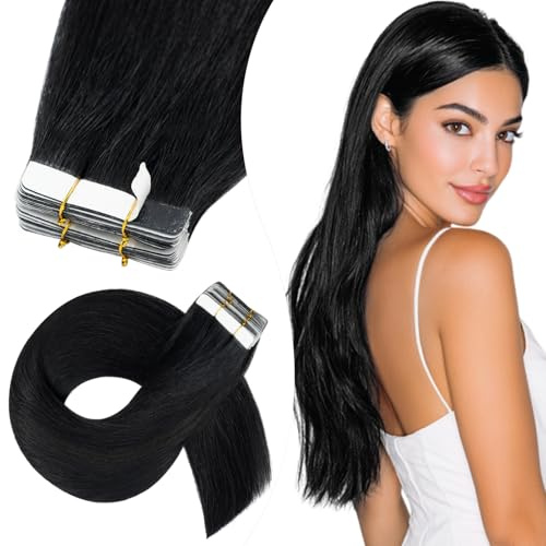 Elailite 10 Stück Tape Extensions Echthaar (15g) + 10 Pcs Invisible Klebeband Haarverlängerung Kleber 25cm #1 Schwarz