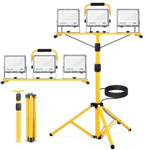 Yofuly Projecteur LED Chantier avec Trépied 3×70W 21000LM, Lampe de Chantier Etanche IP66, Spot Chantier avec Câble 5m pour Garage/Atelier/Chantier, Lentilles PC | Réglable Hauteur 160cm