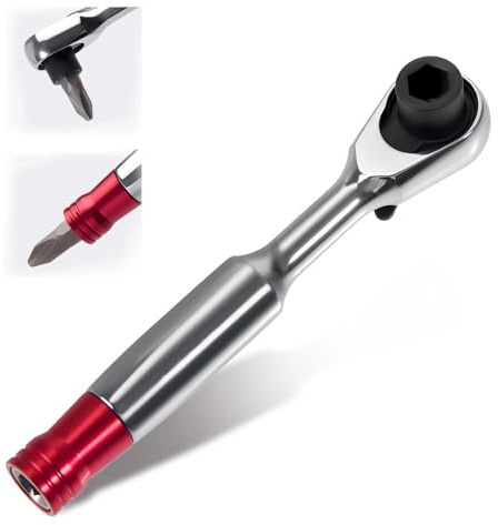 LEONTOOL Cliquet Miniature Double Embout 1/4 – Poignée Magnétique 72 Dents 5° Réversible – Cliquet et Tournevis à Angle Droit pour Espaces Restreints – Acier Chrome-Vanadium, Poignée Argent/Rouge