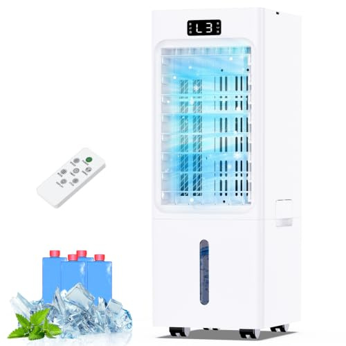 Climatiseur Mobile 4 en 1, Rafraîchisseur d'Air avec Minuterie 1-12H, 3 Vitesses 4 Modes, Réservoir 6L, Télécommande, Portable, pour Chambre, Salon, Bureau et Maison