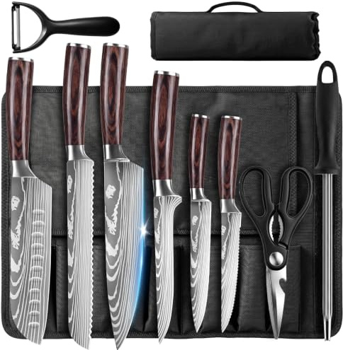 Kitchen Knife Set, 9 Pieces High Carbon Stainless Steel Chef Knife Set | Japanese Knives Set with Roll Bag, Ergonomic Handle Dishwasher Safe Knives Set for Kitchen, Camping and Outdoor BBQ