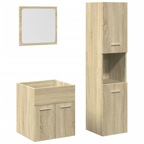Yisssmeng 3-TLG. Badmöbel-Set in Sonoma-Eiche – Waschbeckenunterschrank, Hochschrank & Spiegel – Platzsparendes Badezimmer Möbel-Set aus Holzwerkstoff für Moderne Badeinrichtung