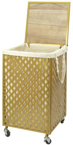 G-LEAF Wäschekorb mit Rollen, Metall Wäschesammler mit Holzdeckel & Wäschesack, für Badezimmer, Gold, 65 L (Rauten-Muster)