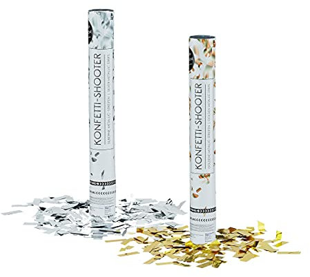 Relaxdays 2 x Party Popper 40 cm im Konfettikanonen Set, Konfetti Bombe für Deine Party,6-8 m Effekthöhe, Silber/Gold metallic