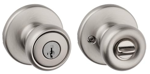 Kwikset Tylo Entry Door Knob with Lock and Key, Secure Keyed Handle Exterior, Front Entrance and Bedroom, Satin Nickel, Pick Resistant SmartKey Rekey Security and Microban