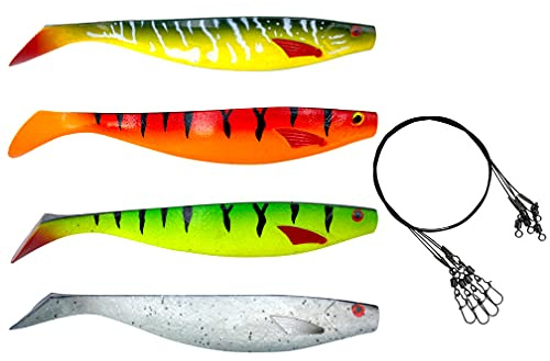 PetrisCatch 4er Gummifisch Set, 15cm, Hecht, Zander | UV aktiv, inkl. 4 Stahlvorfächer