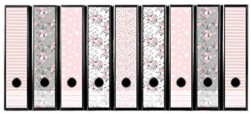 codiarts. Ordnerrücken selbstklebend | Etiketten Set für 9 breite Ordner | gestantzt mit Griffloch | Rückenschild breit | floraler Mix - rosa