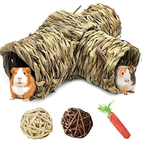 PINVNBY Hamster Grass Tunnel Toy Nature's Hideaway Guinea Pig Tunnels and Tubes Straw Tunnel House with 4 Entrances for Chinchillas Hedgehogs Rats Gerbils (4 PCS)