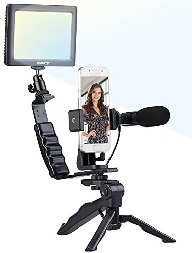 Somikon Fotoleuchten: 4-teiliges Vlogging-Set mit LED-Leuchte, Mikrofon, Stativ & Halterung (Handy Stativ mit Mikrofon, Vlog Set, Richtmikrofon)