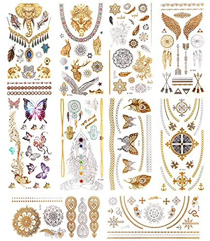 11 Blätter Metallic Gold Silber Temporäre Tattoos Tätowierungen Wasserdicht für Party, Erwachsene, Frauen (Schmetterling, Elefant, Tier, Blume, Kreuz)