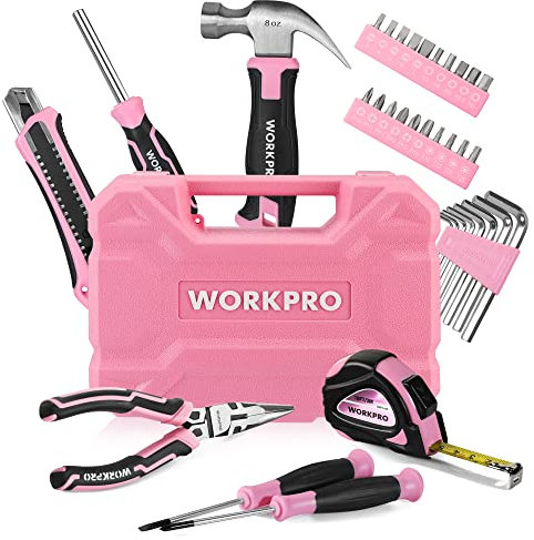 WORKPRO Caisse à Outils Rose 35 Pièces, Trousse à Outils avec Boîte de Rangement, Mallette Outils Rose pour Usage Domestique ou Petits Travaux